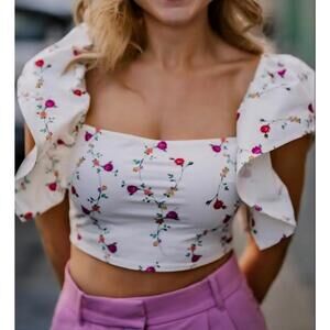 Zara White Floral Crop "Cottage Core" Top Size Large